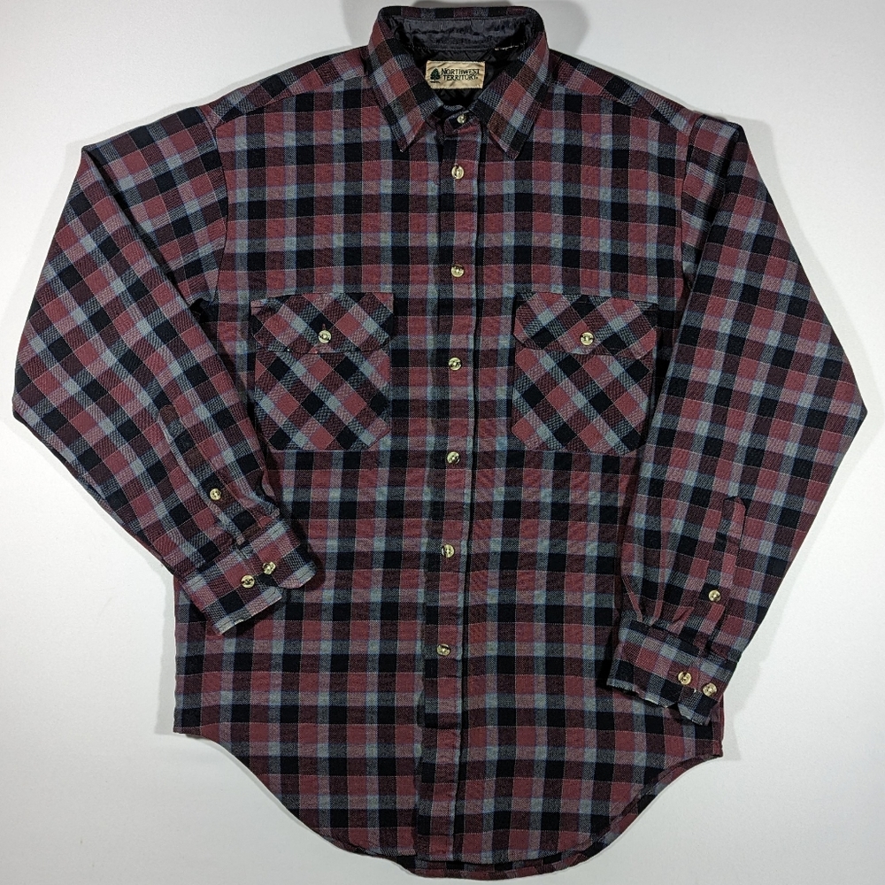 Vintage Northern Territory Men's Size Small Flannel Plaid Burgundy Dress Shirt